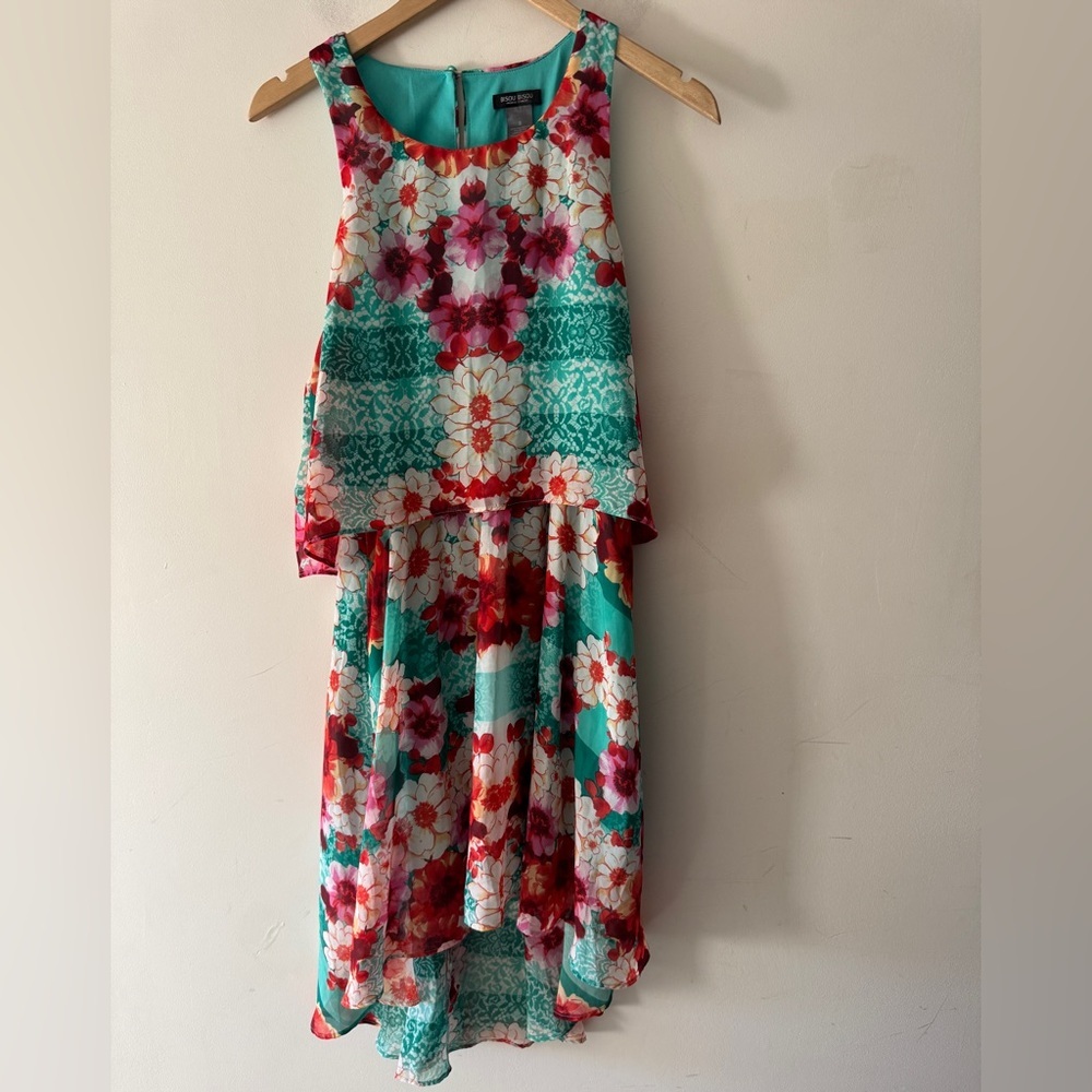 Bisou Bisou Ruffle Hi-Low Sleeveless Floral Tropical Multicolor A-Line Dress